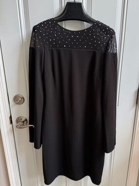Elegant Black Long Sleeve Dress with Studded Mesh Yoke & Arms